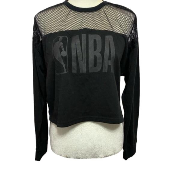 NBA Black Cropped Mesh Cotton  Long Sleeve Top Size Large #1323 - Picture 1 of 9